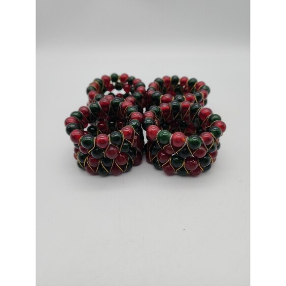 Kemp & Beatly set of 8 Christmas Red & Green Glass Beaded Napkin Ring Holders - Picture 3 of 12
